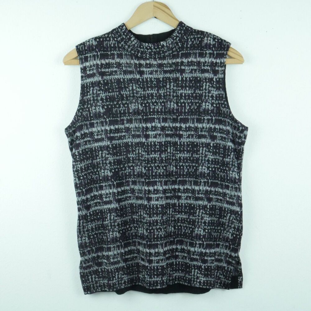 Misook XS Top Mockneck Sleeveless Knit Shell Career Office Black Grey Abstract‎